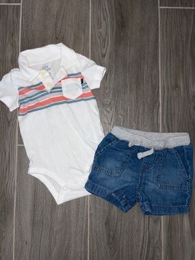 White Polo Onesie with Stripes + Denim Baby Shorts Set